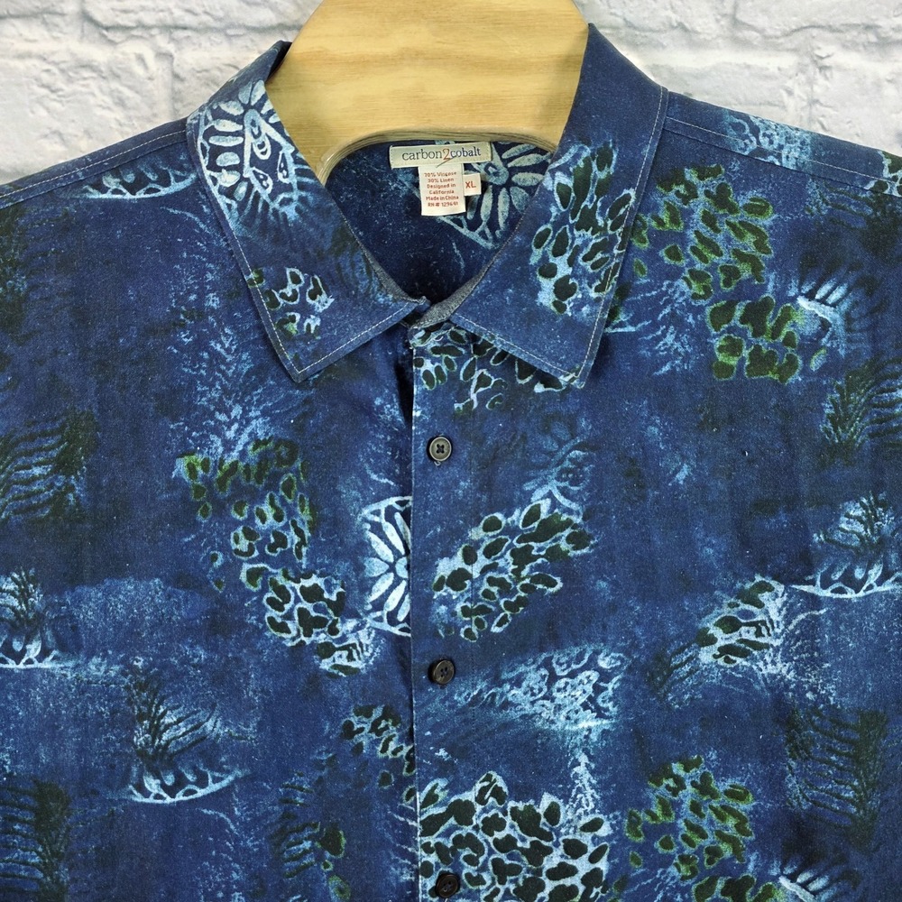 Carbon 2 Cobalt Men Ocean‎ Blue Hawaiian Floral Print Linen Blend Shirt Size XL